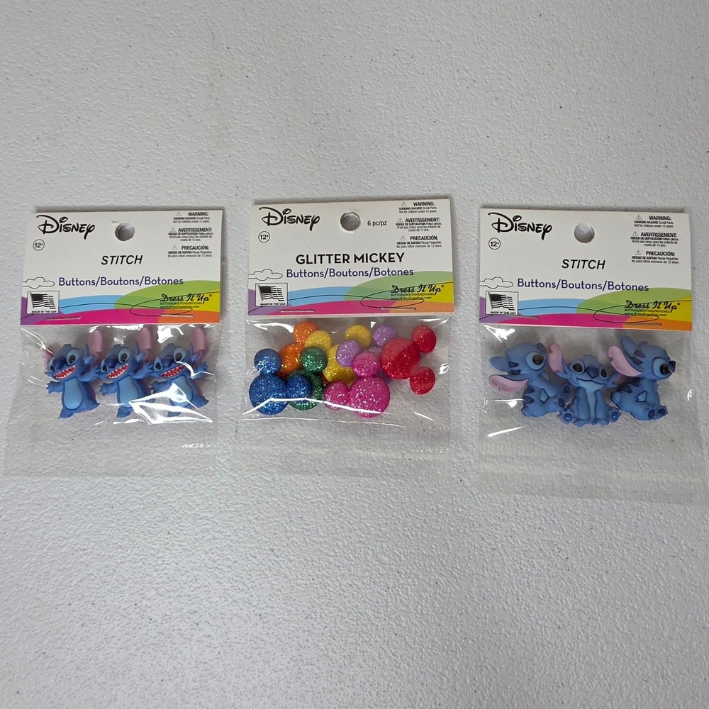 NEW Disney Dress It Up Buttons Stitch Glitter Mickey 3pk Crafting Novelty